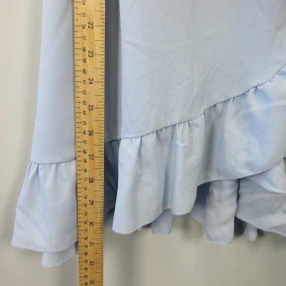 Aritzia Sunday Best Wrap Mini Dress 0 Blue Ruffle Trim Short Sleeve Sundress 320 - Picture 9 of 10